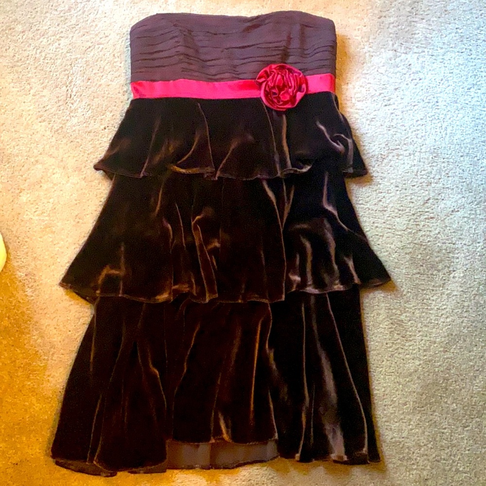Laundry chocolate and pink strapless velvet dress